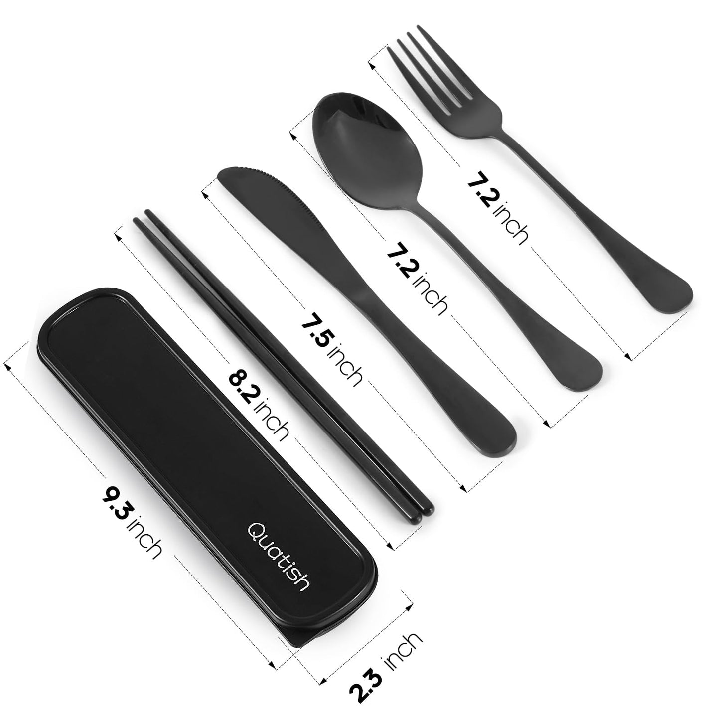 Travel Utensils with Case, Quatish 5 Piece Stainless Steel Silverware Set for Work, Portable Reusable Travel Cutlery Set, Fork and Spoon Set for Picnic, Camping, Gadgets, Lunch Box for Men, Black