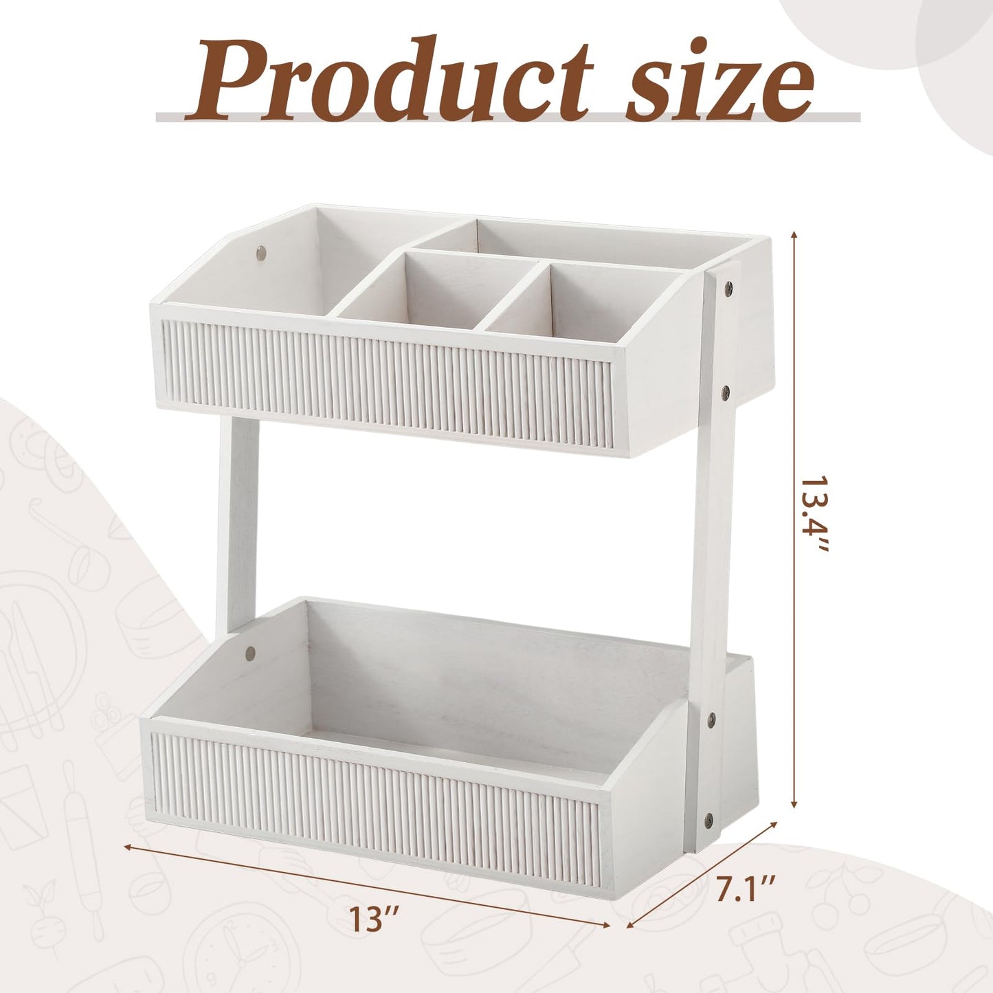 Novabright 2 Tier Paper Plate Dispenser for Kitchen Counter, Paper Plate Organizer, Rustic Wooden Utensil Holder for Party Countertop Cutlery Flatware Storage Rack for Napkin Cup Spoon Fork(White)