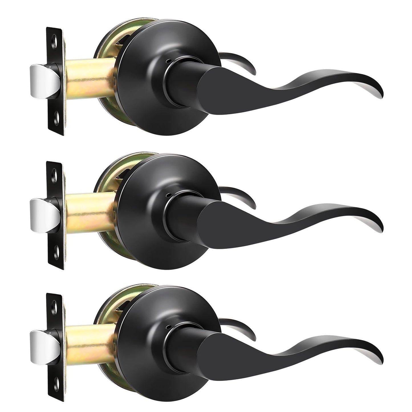 GOBEKOR 3 Pack Passage Door Levers Hallway Closet Door Handles Interior Door Handle with Lock Keyless Matte Black Wave Door Handle Lever Set