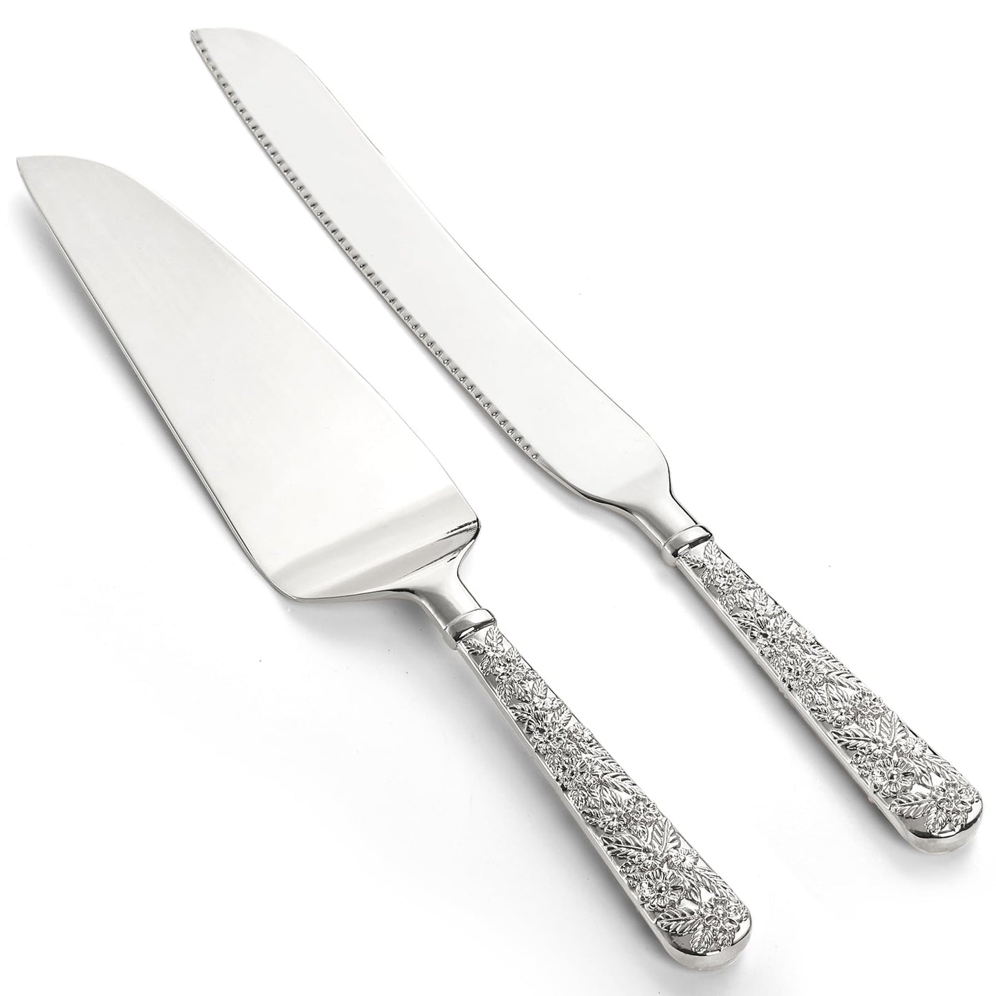 Dicunoy 2 PCS Wedding Cake Knife and Server Set, Silver Cake Cutting Set, Vintage Engraved Cake Cutter and Elegant Serving Spatula for Birthday, Party, Anniversary