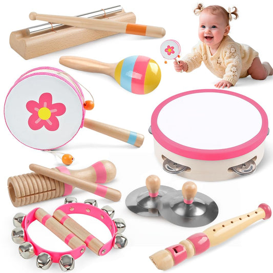 Toddlers Musical Instruments for 1 2 3 Year Old Girl,Baby Montessori Wooden Musical Toys for Toddlers1-3 Year Old,Kids Musical Toy for Preschool,Christmas Birthday Gift for Baby Girls (Pink 8 in 1)
