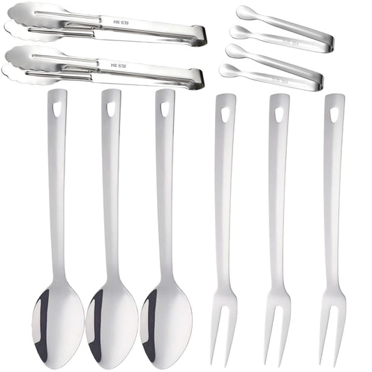 10-Piece Large Flatware Serving Utensils Sets, Stainless Steel Long Handle Serving Spoons, Heavy Duty Serving Forks, Serving Tongs, Mini Sugar Tongs for Buffet Catering Banquet Party (Silver)