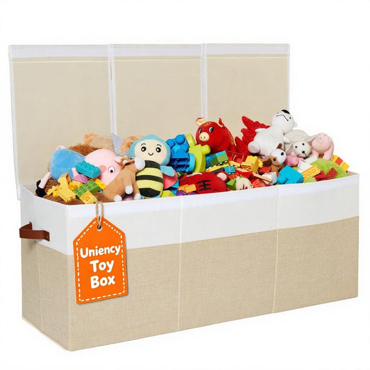 Uniency Extra Large Toy Box,150L Foldable Sturdy Toy Storage with Lid,40"x14"x16" Kids Storage Organizer, Toy Chest for Boys&Girls,for Living Room,Nursery,Bedroom,Playroom,Large Capacity Toybox(Beige)