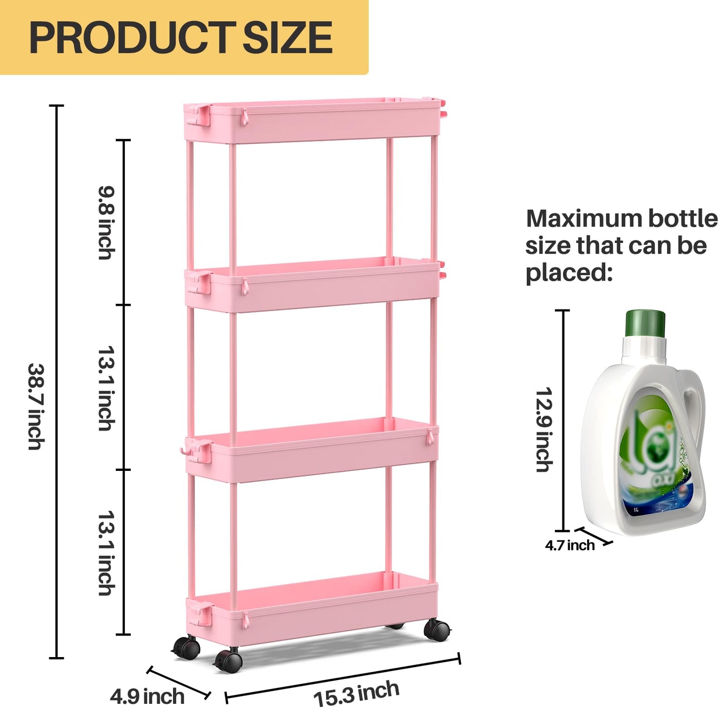 SPACEKEEPER Slim Rolling Storage Cart 4 Tier Bathroom Organizer Utility Cart Mobile Shelving Unit Tower Rack for Kitchen, Laundry Room, Bathroom, Narrow Places, Pink