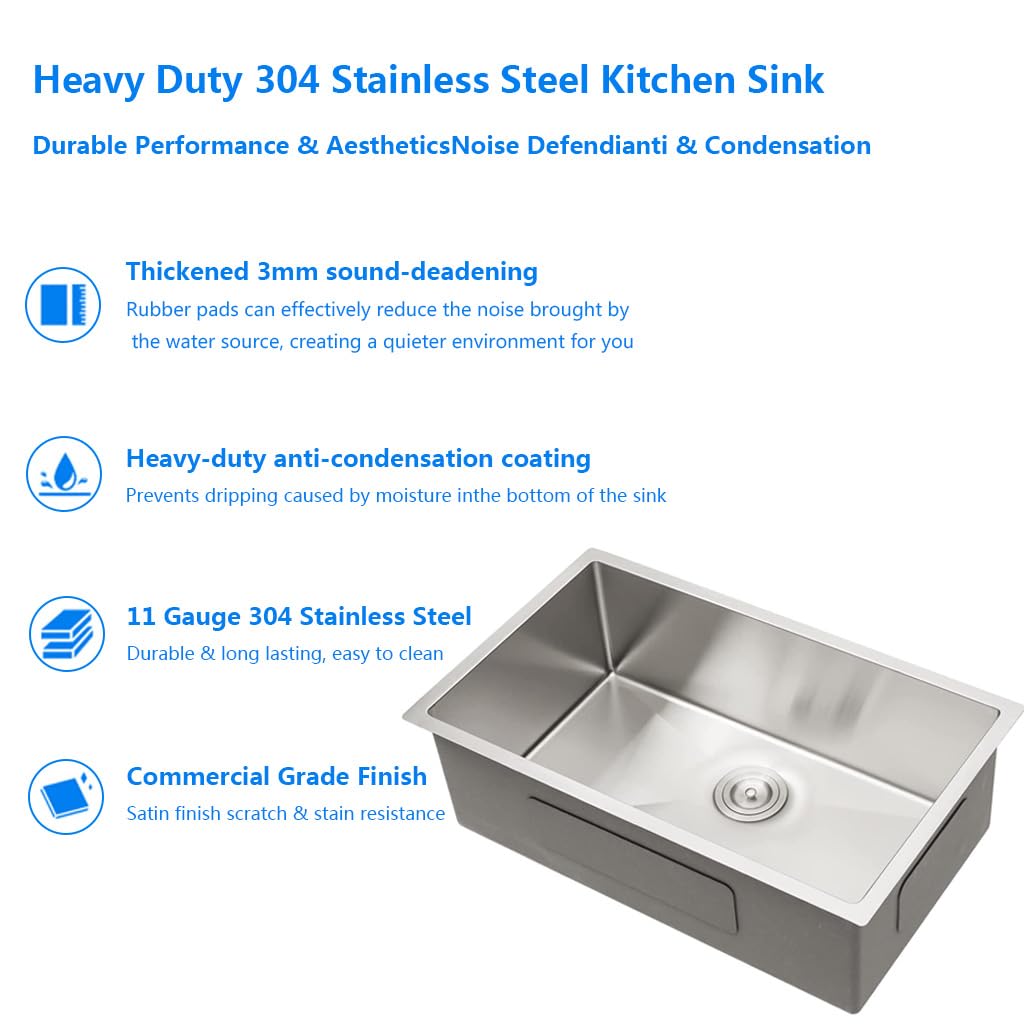 24 x 18 Inch Undermount 304 Stainless Steel Kitchen Sink, Deep Single Bowl Workstation Sink, Multifunctional Integrated Ledge One Basin Handmade Kitchen sink with Accessories