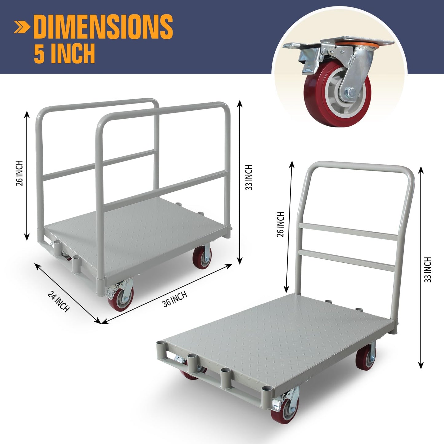 Steel Panel Truck Cart, Platform Truck, Heavy Duty Lumber Drywall Dolly, Flatbed with 2500 Lbs Capacity and 4 Swivel Casters, 36x24inch Steel Board with 1Front and 2Side Handrails