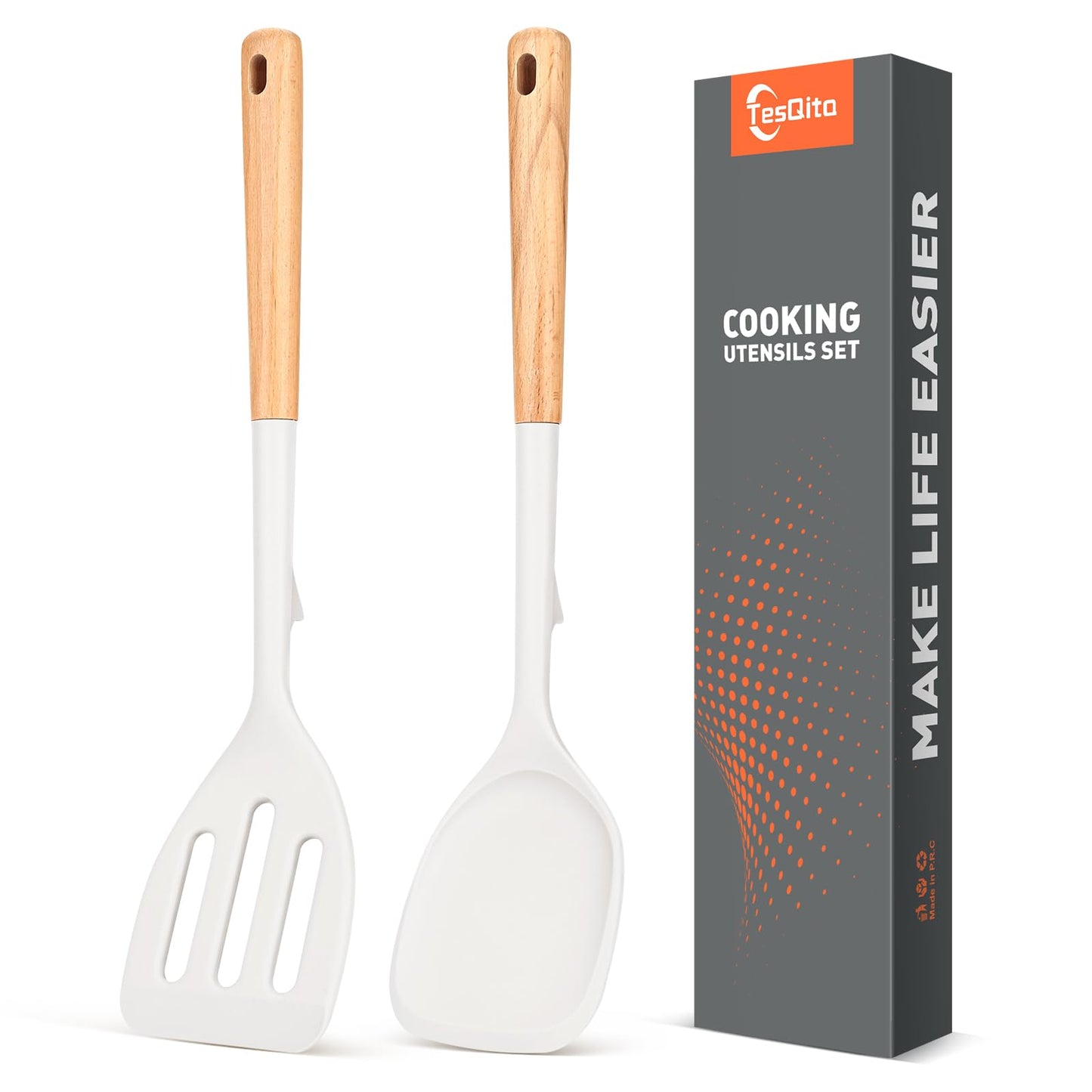 Silicone Cooking Spatula, Heat Resistant Solid Turner, Slotted Spatulas with Wooden Handle,Ideal Wood Kitchen Utensils Set for Frying, Baking, Flipping, Turning,Pack of 2 (White)