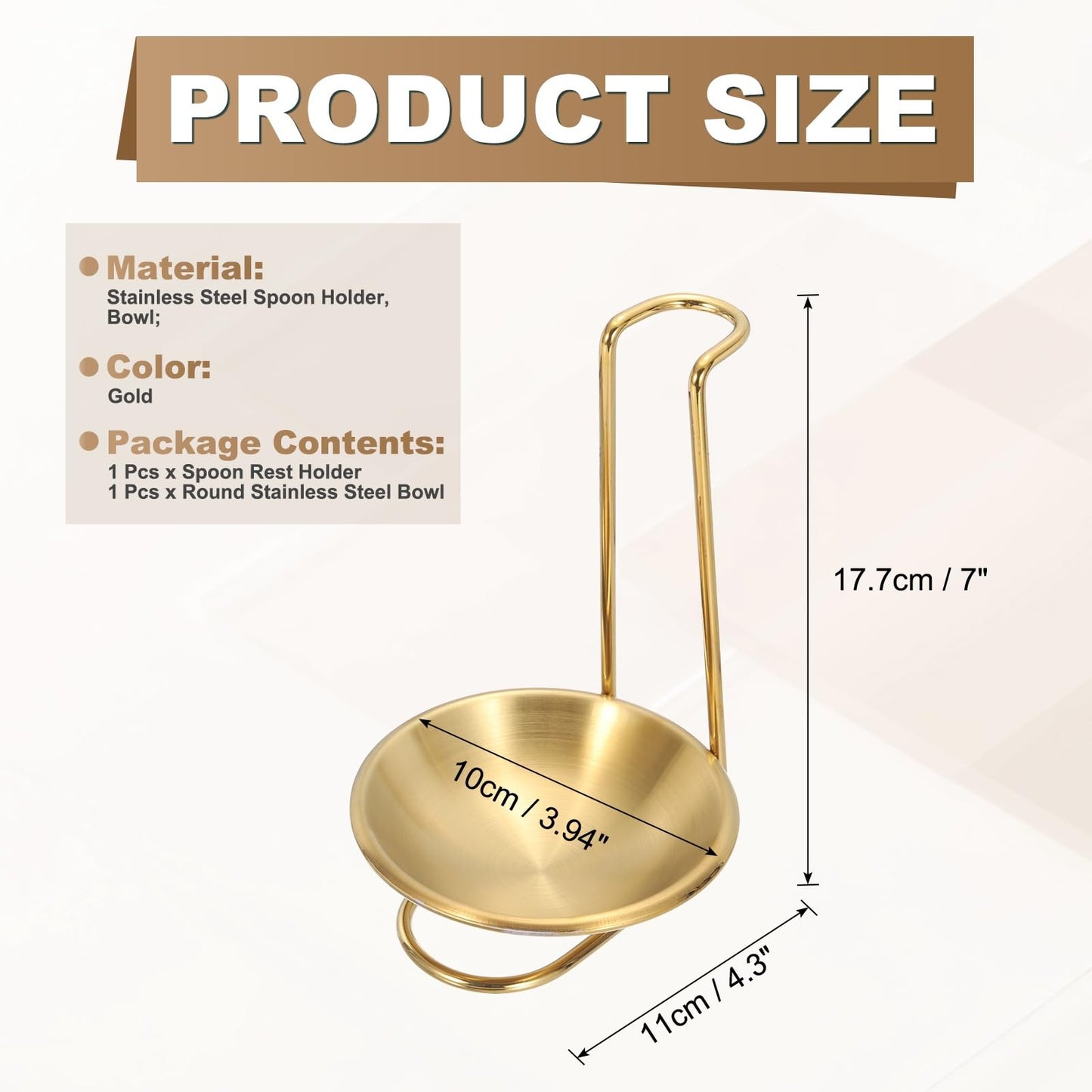 uxcell Spoon Rest Holder, 4.3x4.3x7 Inch Stainless Steel Upright Ladle Rack Set with Round Stainless Steel Bowl, Portable Upright Spoons Rest for Home Kitchen Restaurant Counter, Gold