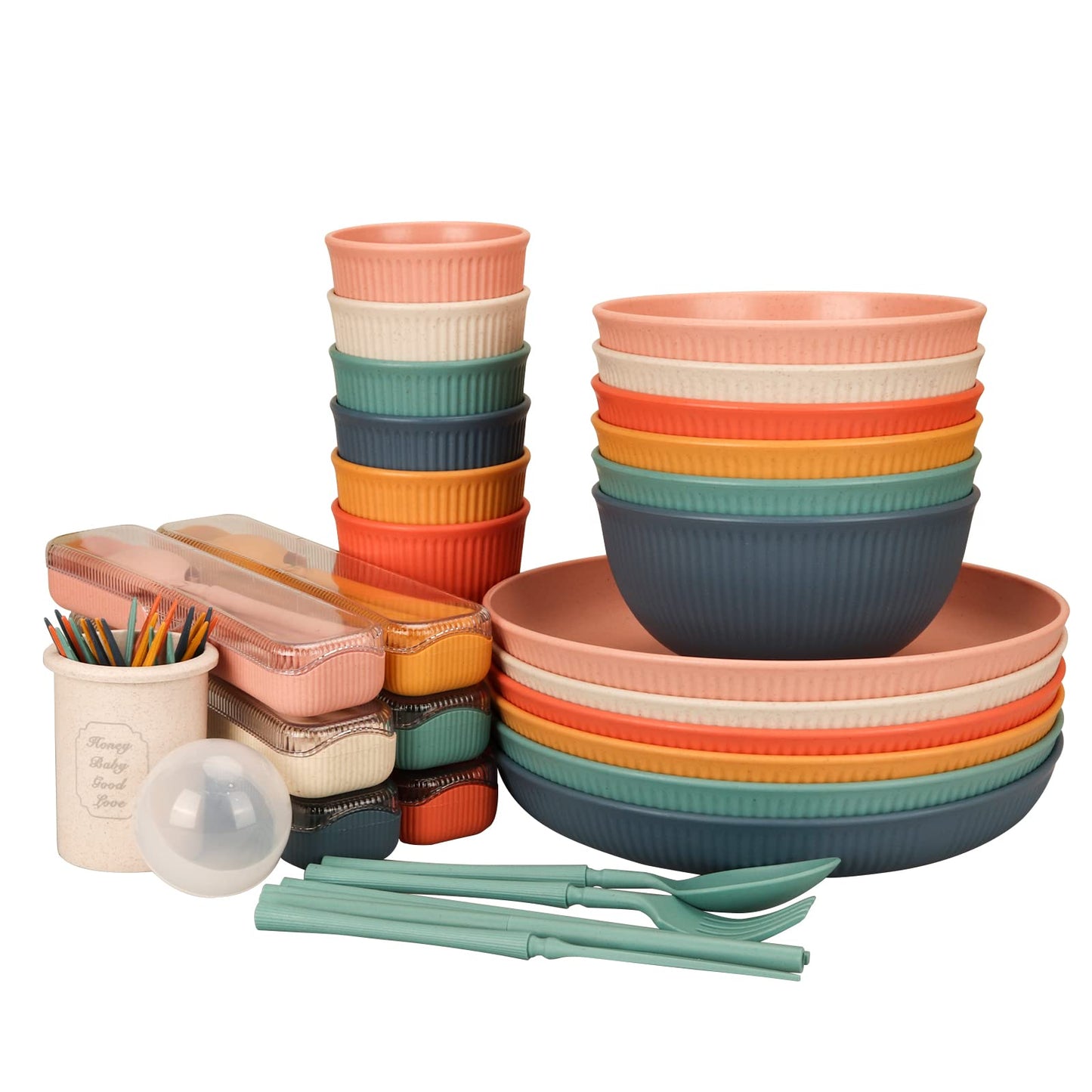 66 Pcs Dinnerware Sets, Unbreakable Plates and Bowls Sets, Reusable Dinnerware Sets for 6 People, Travel Camping Picnic Home Party Cutlery Set, Dishwasher Microwave Safe Dishes