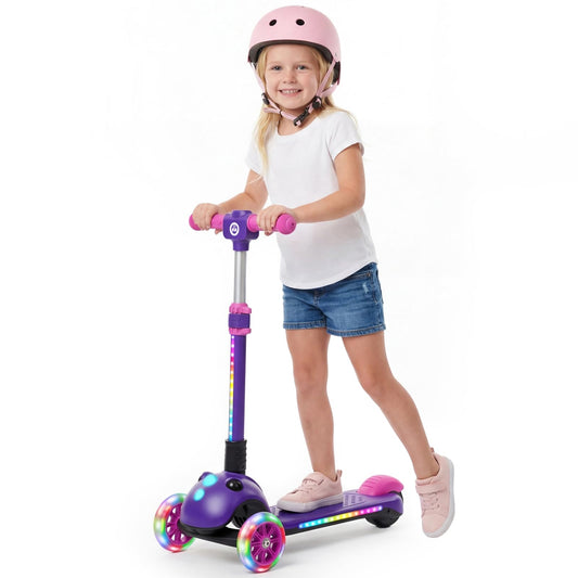 Gotrax SK1 Foldable Electric Scooter for Kids 4+, Full Body LED Light, 90min Riding & 5Mph Speed, Push-Button Throttle&Battery Indicator, 6'' Wheel&3 Adjustable Height, 3 Wheel Escooter, Gift, Purple