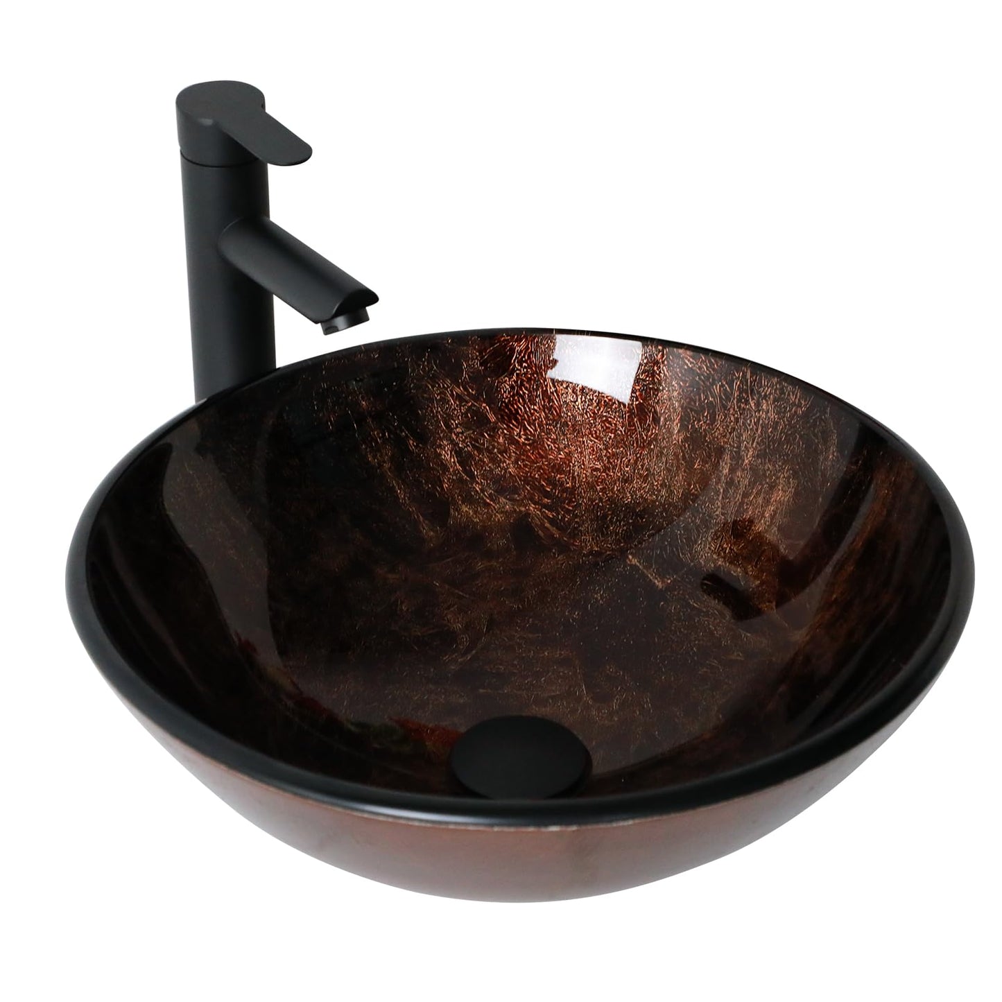 Lofeyo 17'' Brown Glass Vessel Sink with Faucet and Drain Combo 17 in Small Oval Bowl Above Counter top Bathroom Vanity Sink, Modern Artistic 5" Deep Basin