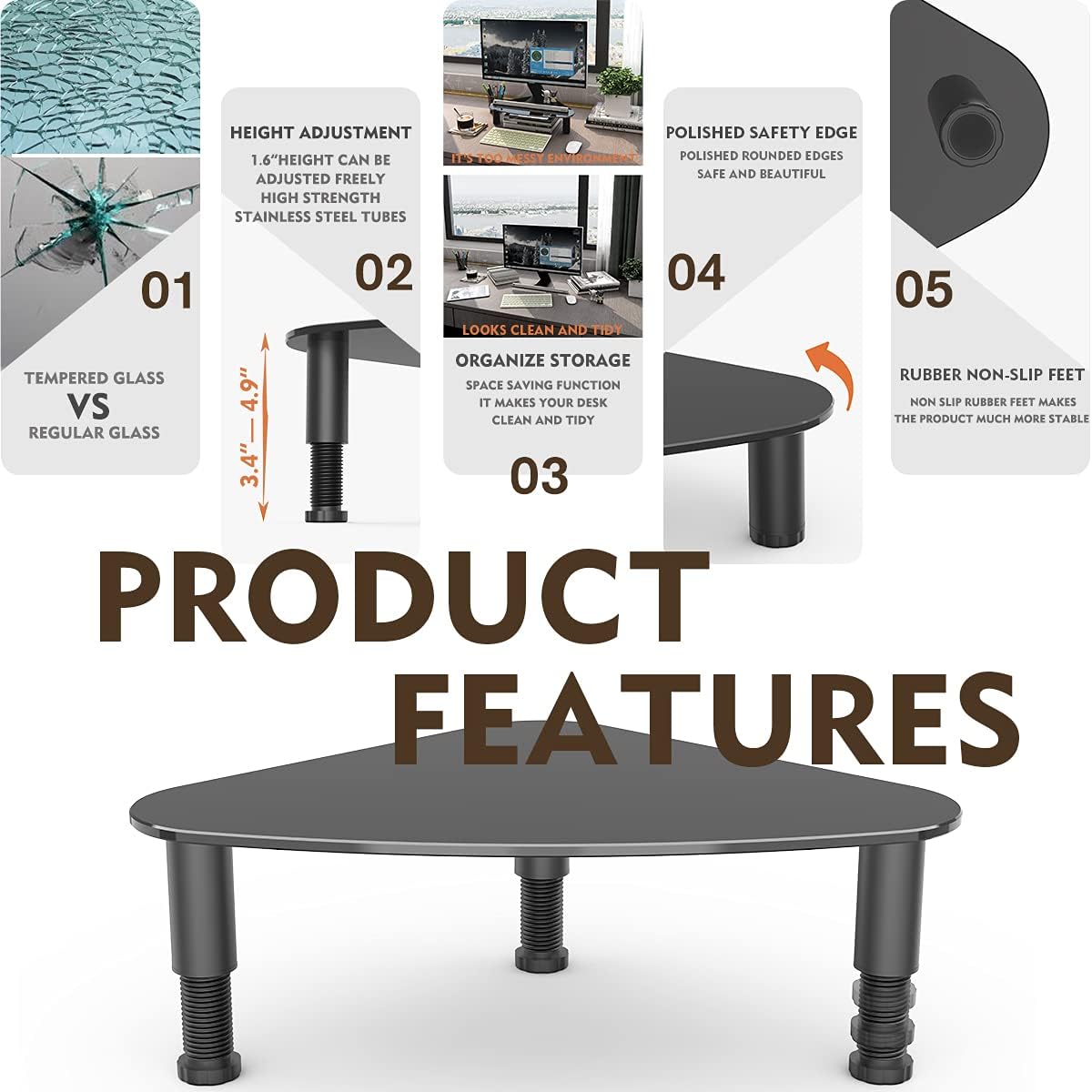 HD01B-003 Hemudu Tempered Glass Computer Monitor Riser/Triangle Save Space Desktop Corner Stand for Computer Monitor