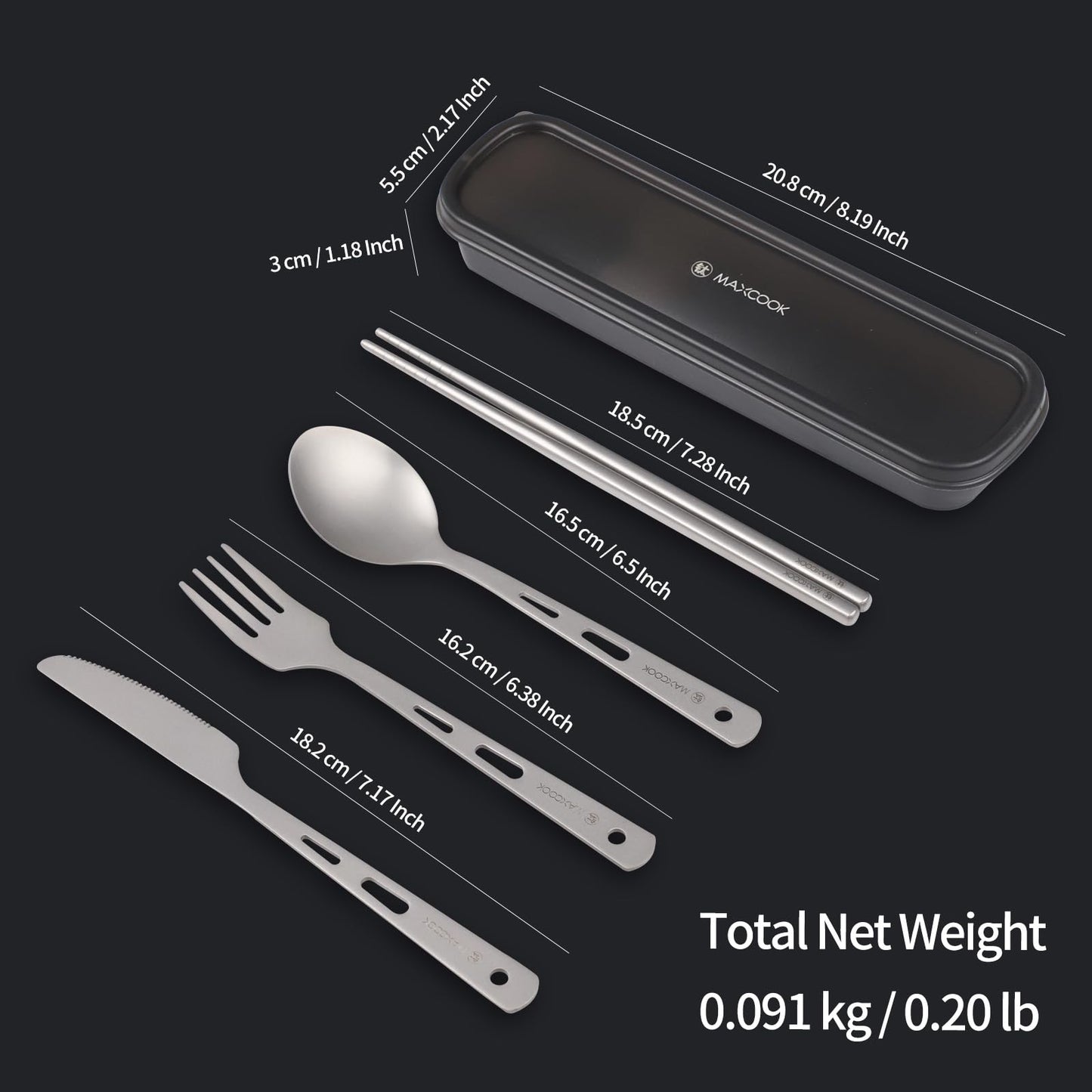 MAXCOOK Titanium Utility Cutlery Set, Portable tableware titanium utensil set with case, Table Spoon Fork Chopsticks Knife set for Outdoor Travel Camping Backpacking (Total 5 PCS)