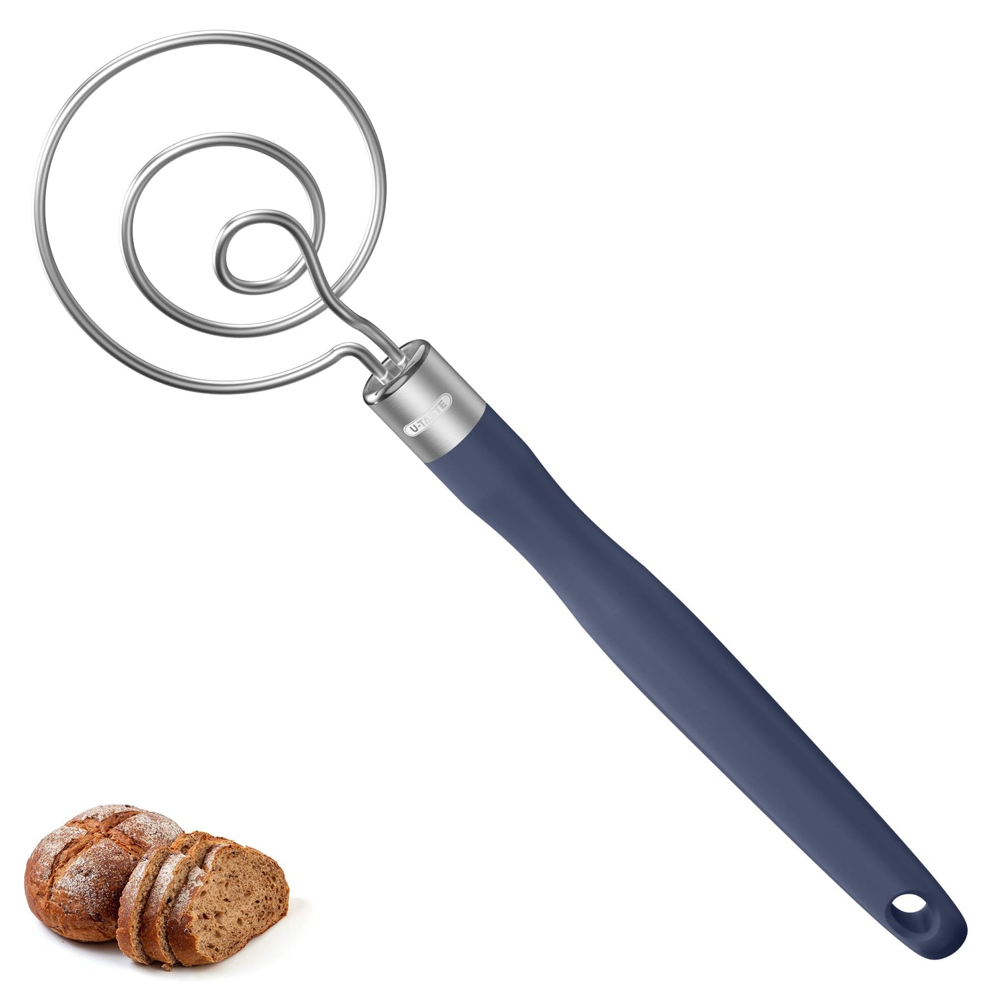 U-Taste 12.6" Danish Dough Whisk: 18/8 Stainless Steel Heavy-Duty Sourdough Mixer Tool, Food Grade Dutch Style Seamless Bread Wisk, Sturdy for Mixing, Stirring, Kneading Thick Batter (Midnight Blue)
