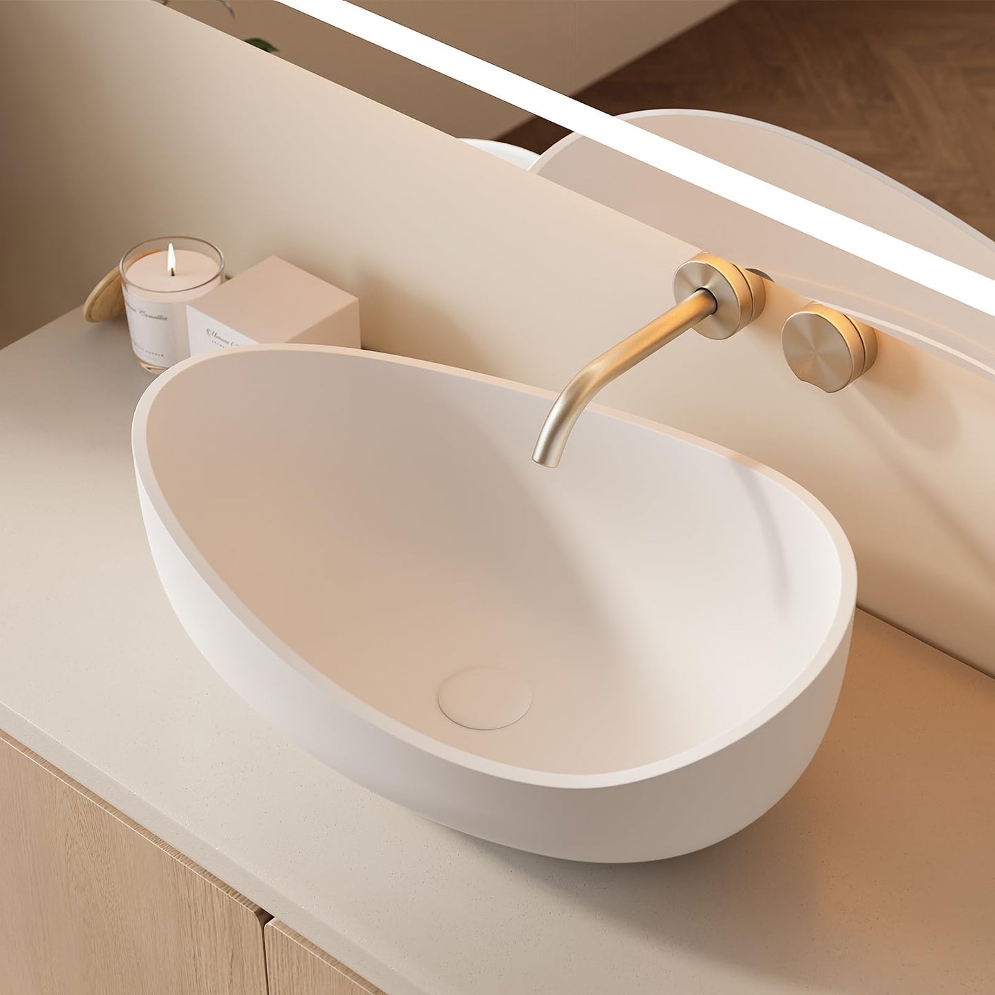 Weibath Oval Vessel Sink, Stone Resin Bathroom Sink in Matte White with Pop-Up Drain, Modern Countertop Sink 22.44"