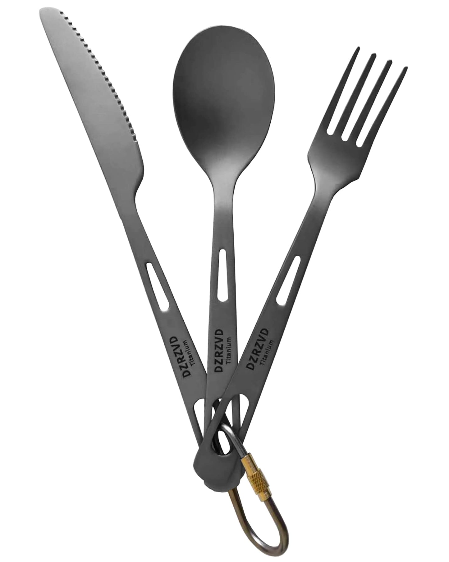 DZRZVD Titanium Utensils Set, Ultra-light Titanium Spoon Fork Knife with Carabiner, Camping Dishware, Traveling Dinnerware, Backpacking Miss Kit, Portable Cutlery for Outdoors Hiking Coffee