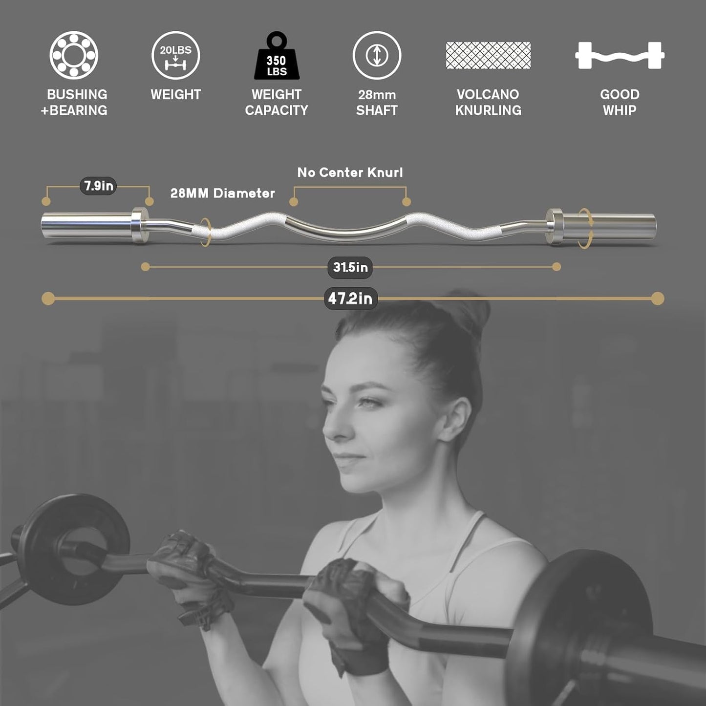 RitFit 2 Inch EZ Curl Bar with Weights, 350LBS Weight Capacity Olympic Curl Barbell for Bicep, Tricep and Weight Lifting Exercises, with 155LBweights