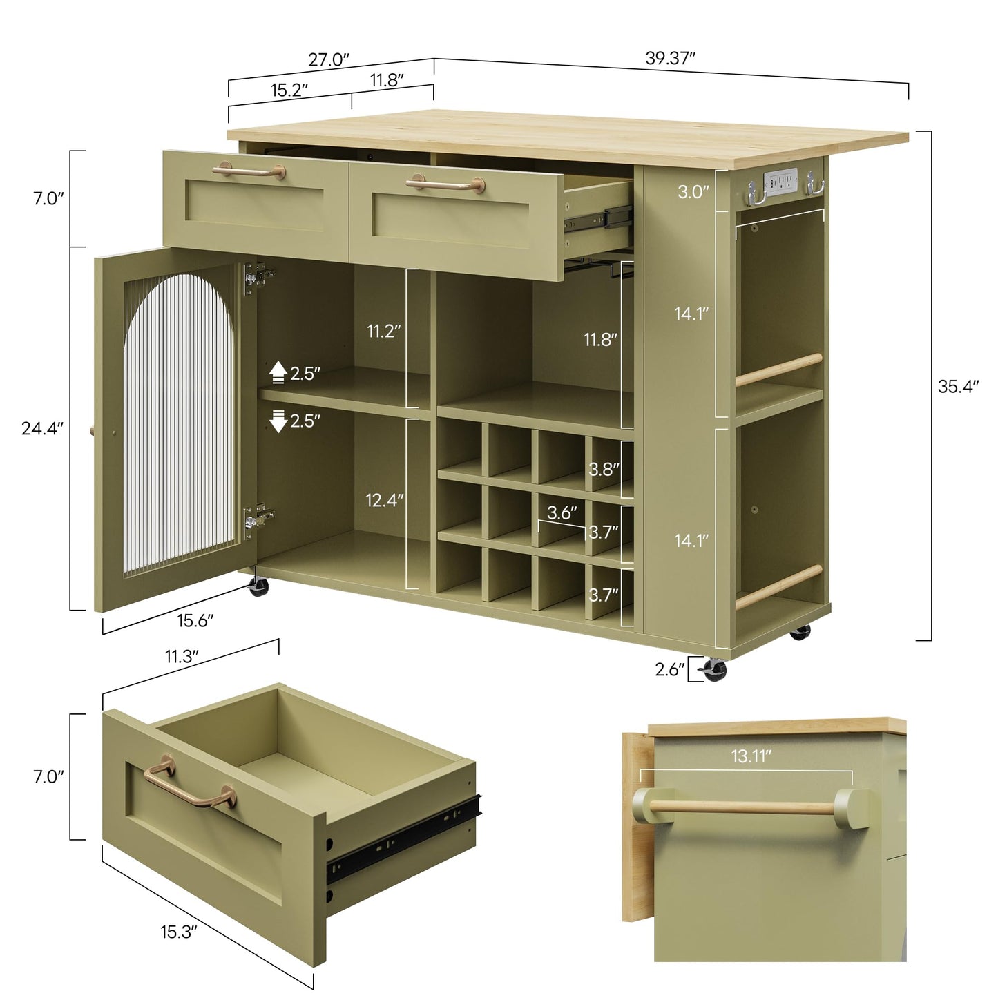 LIKIMIO Rolling Kitchen Island with Storage, 39.4" W Mobile Cart with Power Outlet & Drop Leaf Table, 2 Drawers, Removable 12 Grids, 3 Wine Racks, 360°Casters, Adjustable Shelf, Glass Door, Green
