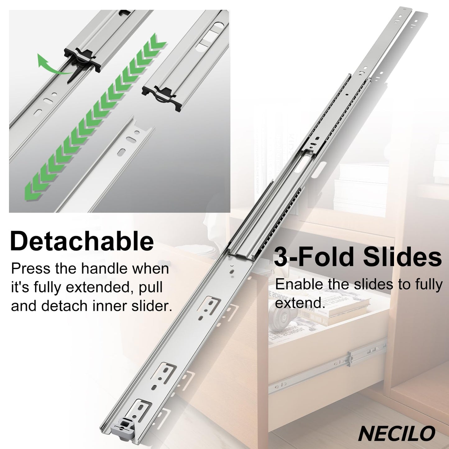 NECILO Heavy Duty Drawer Slides Without Lock, 150lb Capacity Full Extension Ball Bearing, 20 22 24 26 28 30 32 34 36 38 40 Inch Side Mount Metal Rails Track Guide, 1 Pair (Without Lock, 34 inch)
