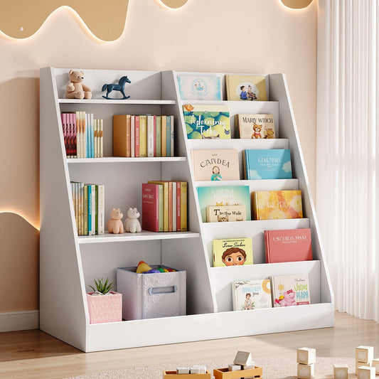 Tatub 6 Tier Kids Wooden Bookshelf and Toy Storage, Children Toy Organizer with Upgraded Book Shelves, Toddler BookRack Baby Bookcase for Nursery, Playroom and Classroom, White