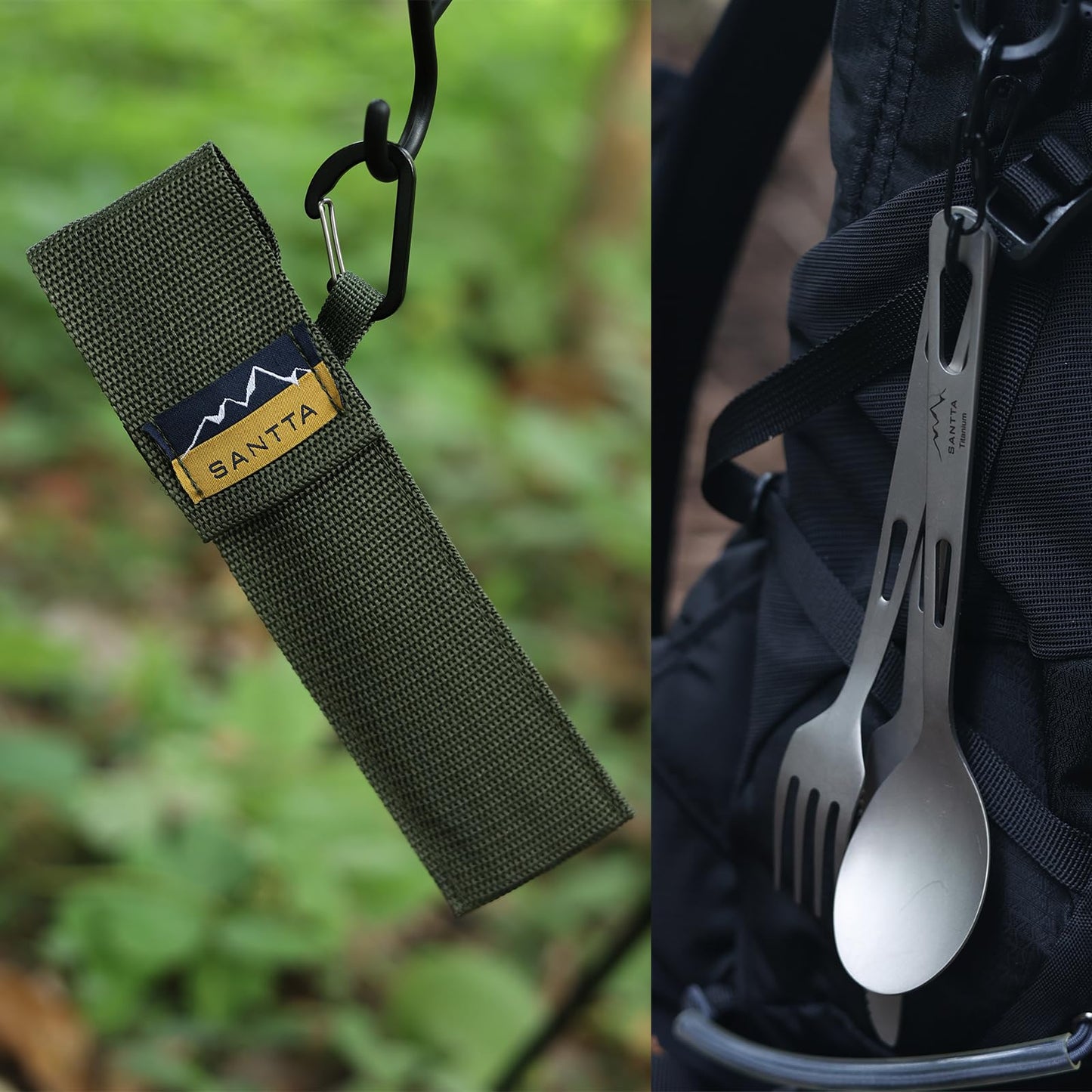 SANTTA Titanium Camping Utensils, Ultra Light Spoon Fork Knife 3 Piece Set, Cutlery Set with Pouch and Carabiner for Outdoor Camping, Hiking, Backpacking, Hiking, Picnic and Travel