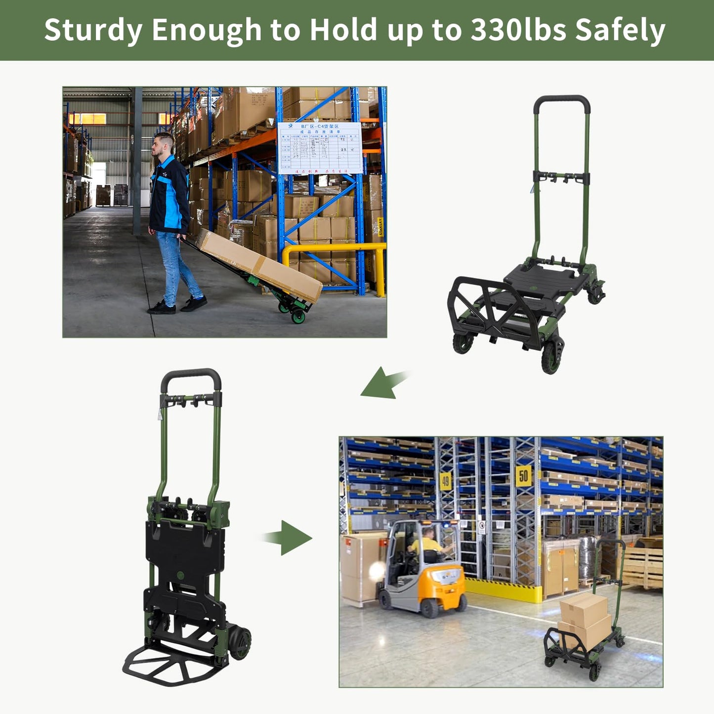 2-in-1 Black Folding Small cart, Outdoor Cargo handling Vehicle, Flatbed Trailer with a Load Capacity of 330 pounds (1, Green+Black Brake)