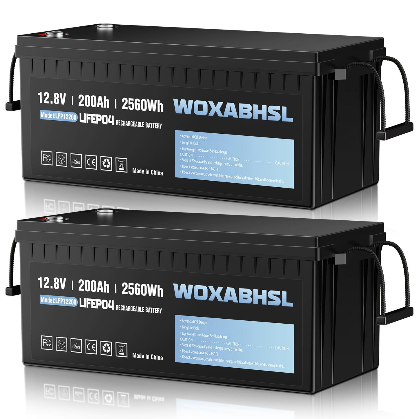 WOXABHSL 12V 200Ah Lithium LiFePO4 Battery, Built-in 200A BMS, 15000+ Deep Cycles, Max 2560W Power Output, FCC&UL Certificates, Perfect for RV, Solar, Marine, Off-Grid, etc. (2PCS)
