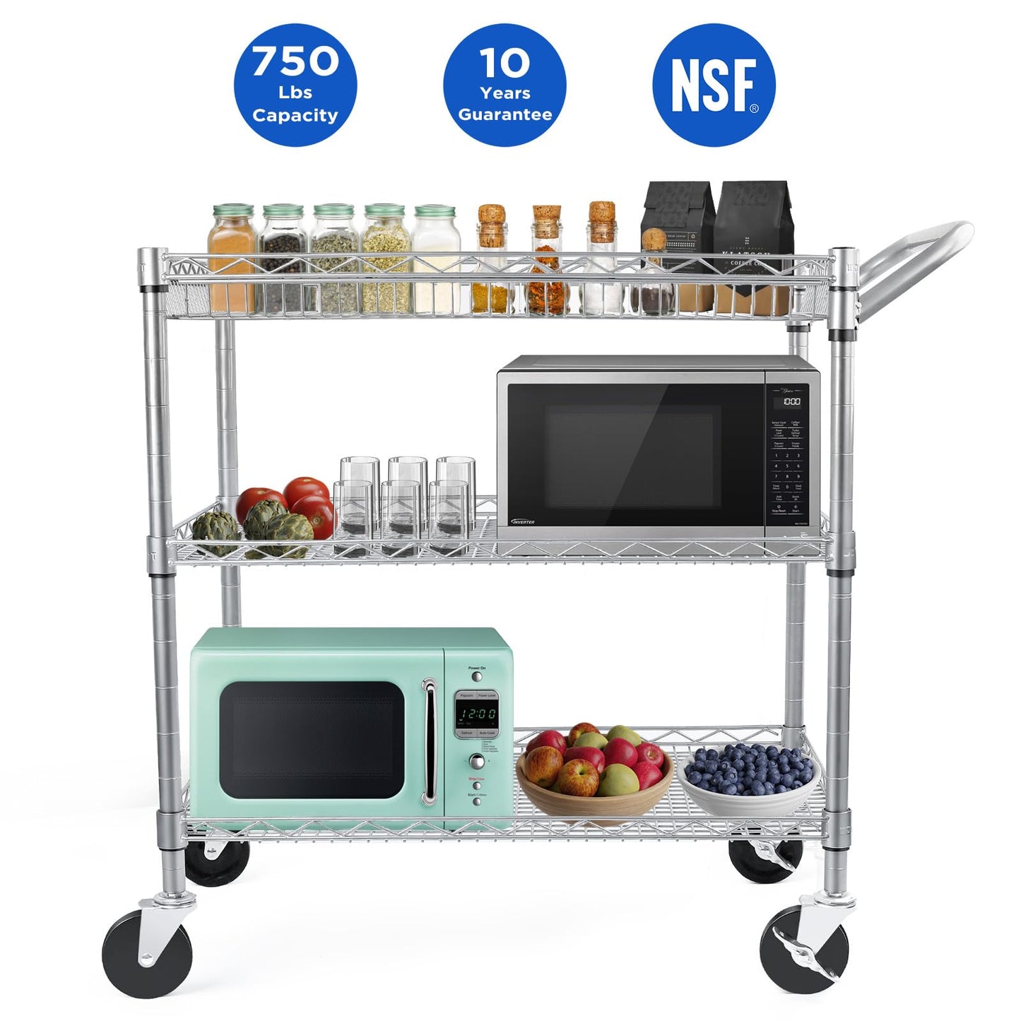 WDT Heavy Duty 3 Tier Utility Cart,Wire Rolling Carts with Wheels, Commercial Grade Service Cart with Shelving Liners and Handle Bar Metal Carts for Kitchen Office Hardware