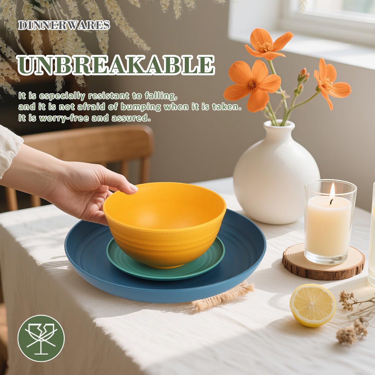 Wrova Wheat Straw Dinnerware Set of 32, Unbreakable Dinner Plates and Bowls Dishes Sets Service for 8,Dishwasher Safe Dinnerware Sets for Kitchen and Camping.Vibrant Series