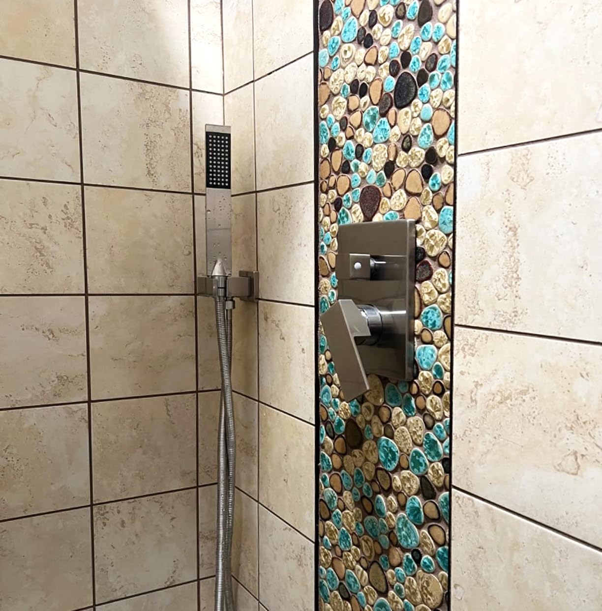 Blujellyfish Pebble Porcelain Tile Fambe Turquoise Green Beige Shower Floor Pool Alley Tiles Mosaic TSTGPT005 (5 Square Feet)