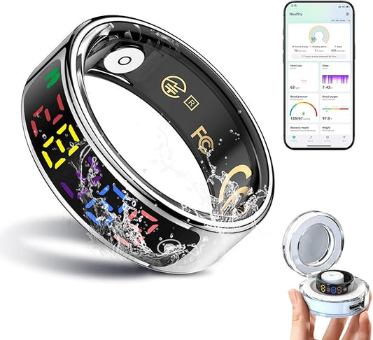 Smart Ring for Women Men, Health Ring with Colorful Display, Fitness Tracker with Heart Rate, Blood Oxygen, Sleep Monitor, No Subscription Fee, 5ATM Waterproof for iPhone & Android (Silver, 12)