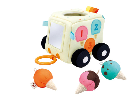 Hape Sensory Scoop Ice Cream Truck – 6-in-1 Plush Baby Toy with Soft Mirror, Rattling Scoops, Crinkle Textures & Color Matching – Sensory Exploration & Fine Motor Skills Development for Infants 6M+