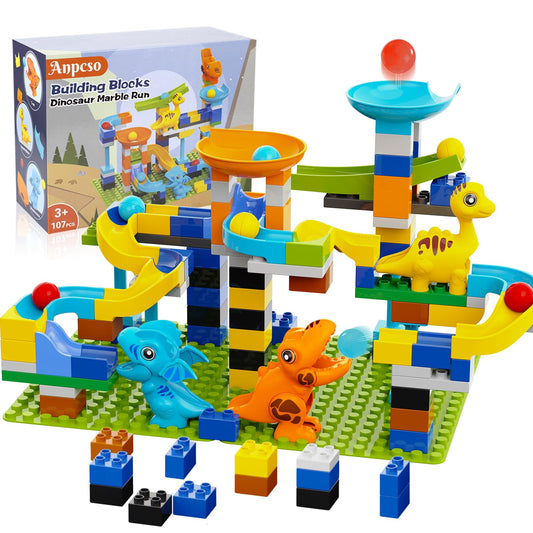 Anpcso Marble Run Building Blocks, Dinosaurs Marble Track Toy Classic Large Bricks for 3 4 5 6 7 + Year Old Boys Girls Kids, Bricks Compatible with All Major Brands