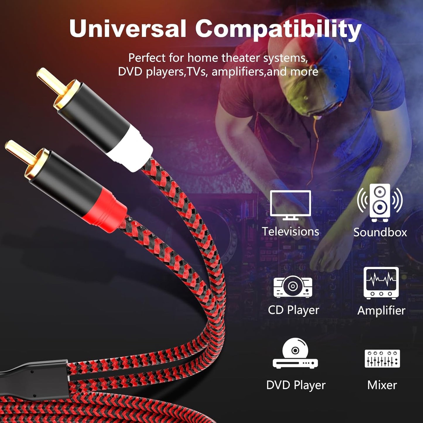 Jelly Tang 6Ft,2Rca 2-Rca etc(6Ft/2M) RCA Cable Male to Male Audio Stereo Subwoofer Cable [Hi-Fi Sound] Nylon-Braided