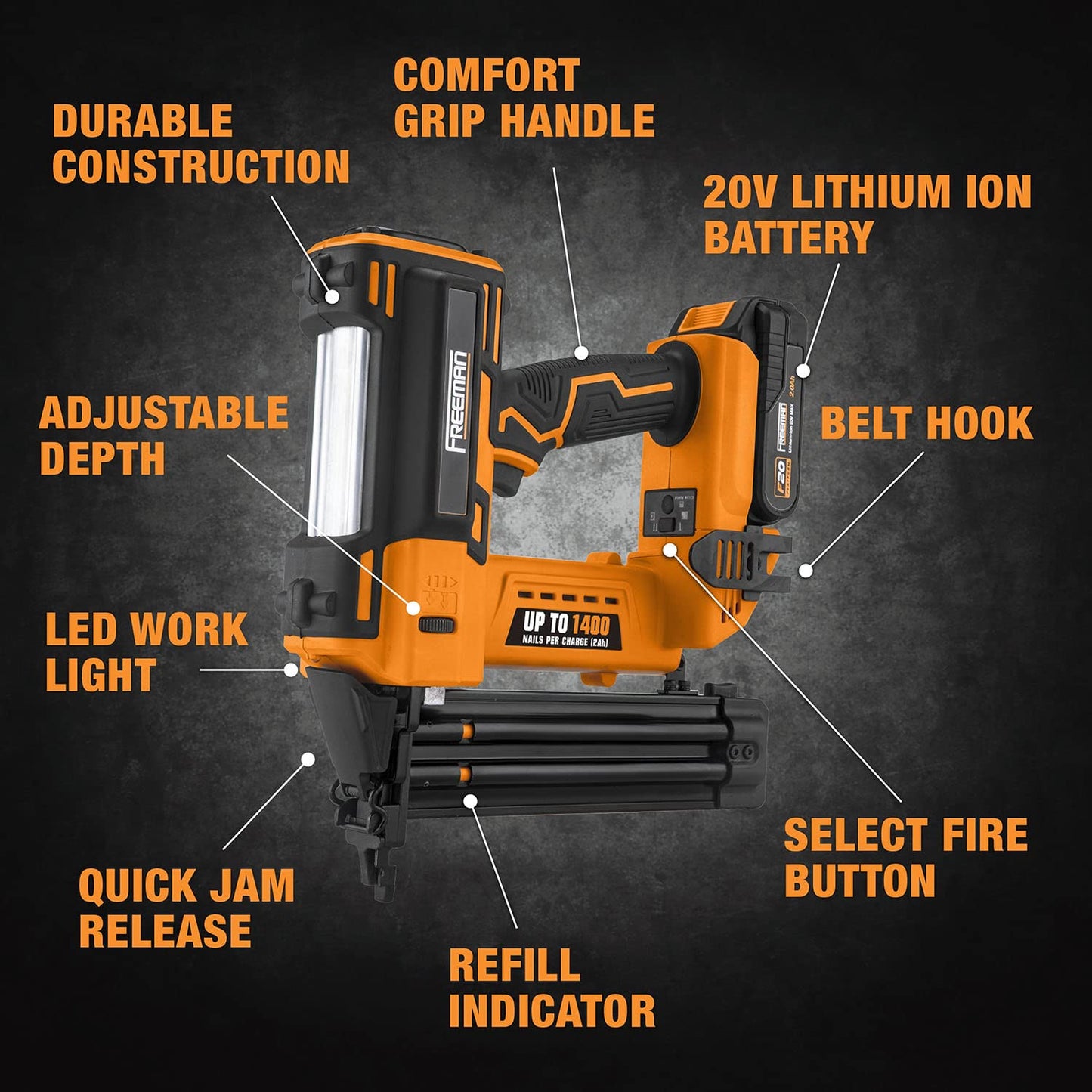 Freeman PE20VBR50 20 Volt Cordless 18-Gauge 2" Brad Nailer Kit with Lithium Ion Battery, Charger, Bag, and Nails (500 Count) – 1400 Shots per Charge