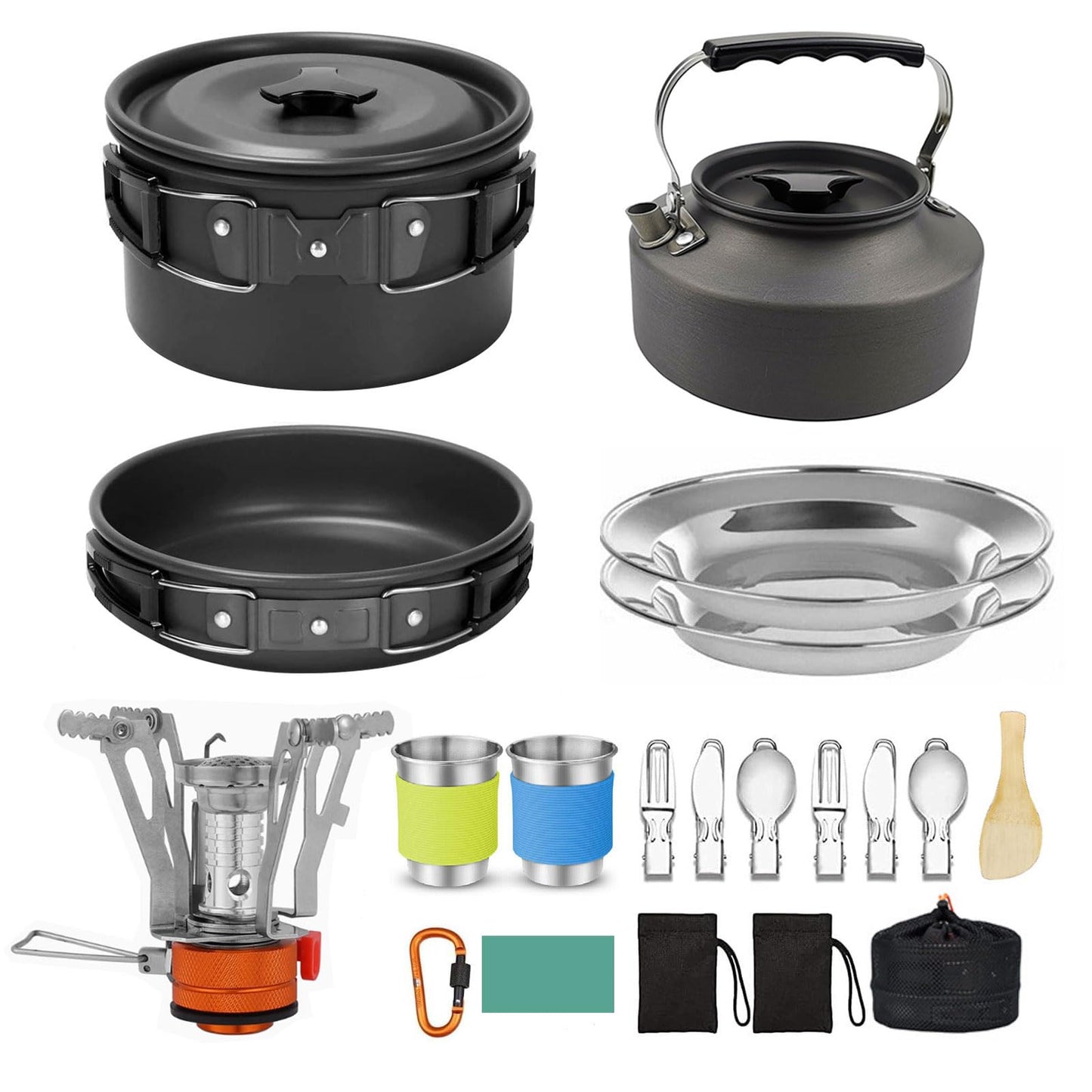 Camping Cookware Camping Cooking Set, Non-Stick Camp Pots Pans with Stove Kettle, 2 Stainless Steel Plates, 2 Water Cups, 2 Sets of Knives & Forks, Spatula, Dish Towel, Carry Bag, for Outdoor Cookset