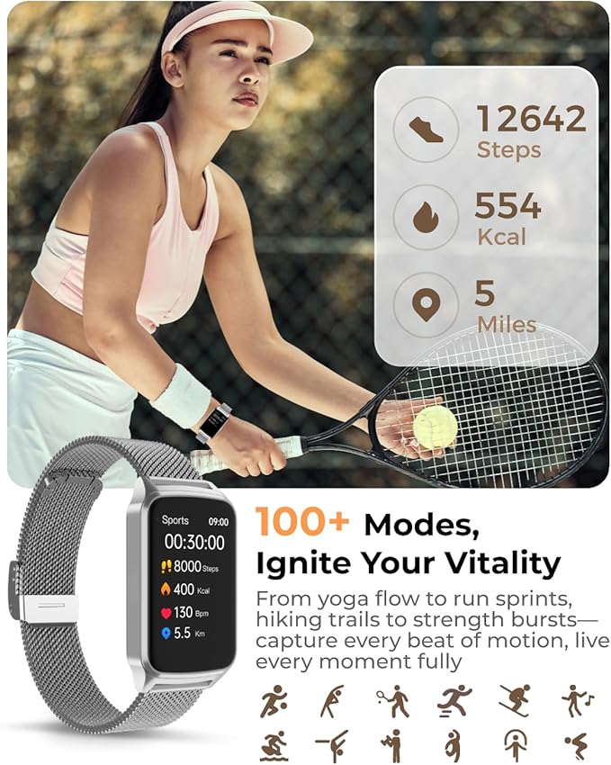 Fitness Tracker Watch for Women Men, Step Counter Work For iPhone and Android, IP68 Waterproof, Activity Track with Calorie, Sleep Monitor, 110+ Sports Modes Pedometer Smart Smartwatch (Silver, 1.57)