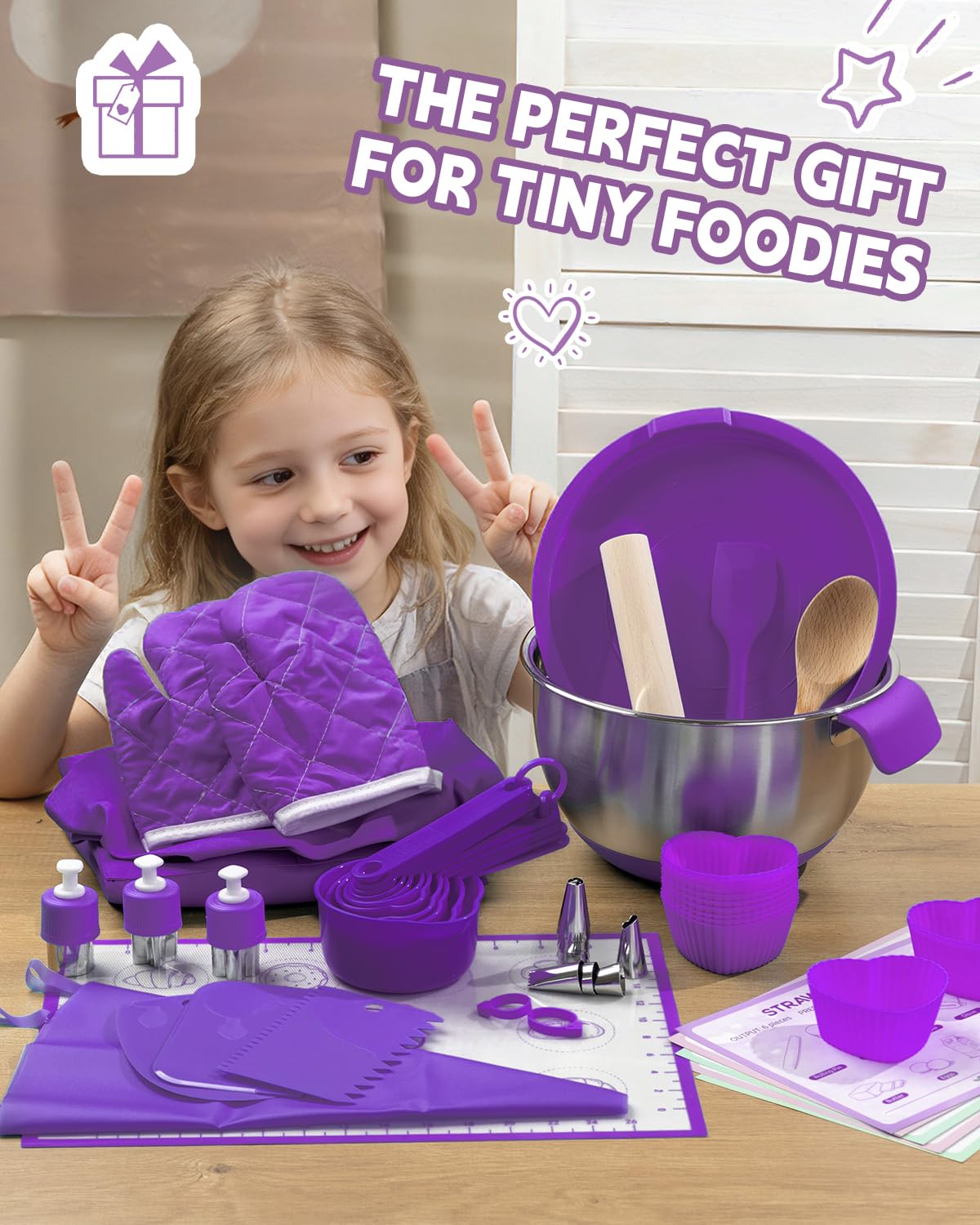 Kids Baking Set–Real Cooking Set for Kids with Kids Cooking Utensils & Kitchen Accessories, Measuring Tools & Baking Supplies,Great Gift for Pretend Play & Montessori Learning (Purple)