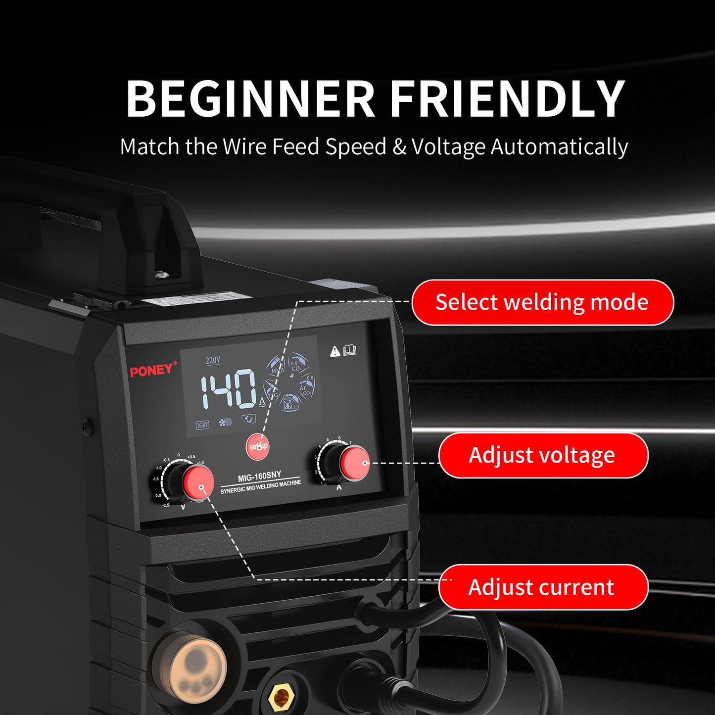 PONEY 140A MIG Welder 110V/220V Dual Voltage - 5 in 1 Portable Gasless MIG/MAG/FLUX/TIG/MMA Welding Machine with Synergic Control, IGBT Inverter & LED Display