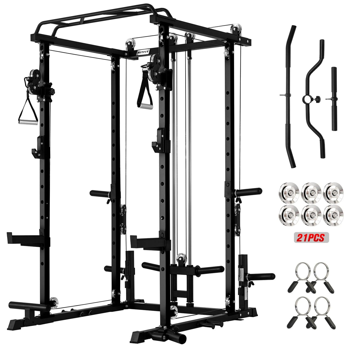 RitFit Multi-Function Power Rack Cage PPC-P3 with Adjustable Cable Crossover System,1200LBS Capacity, Full Home Gym Workout with J-Hook, Landmine and Other Attachments-Black