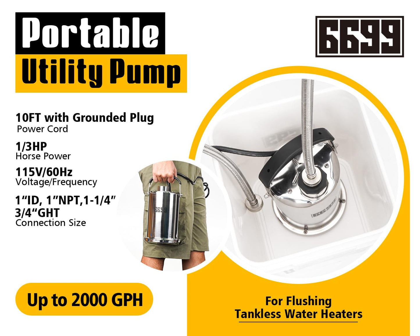 6699 Tankless Water Heater Flushing Kit Includes 1/3HP Stainless Steel Sump Pump with Two Adapters & 3 Gallons Pail with Bucket Lid Opener & Two 1/2” Dia X 6’ Hoses with Washers