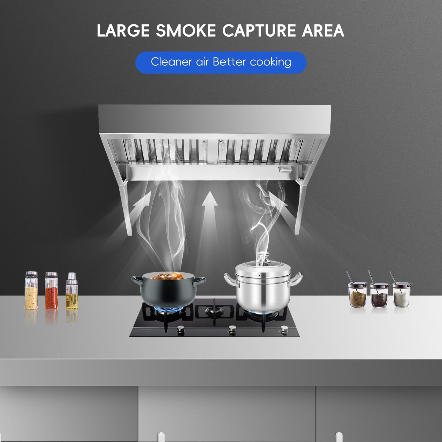 8FT Commercial Exhaust Hood with 4 Detachable U-shaped Grid Oil Filter Mesh, Rust-Resistant, 201 Stainless Steel Concession Trailer Food Truck Exhaust Vent Hood, for Restaurant Kitchen