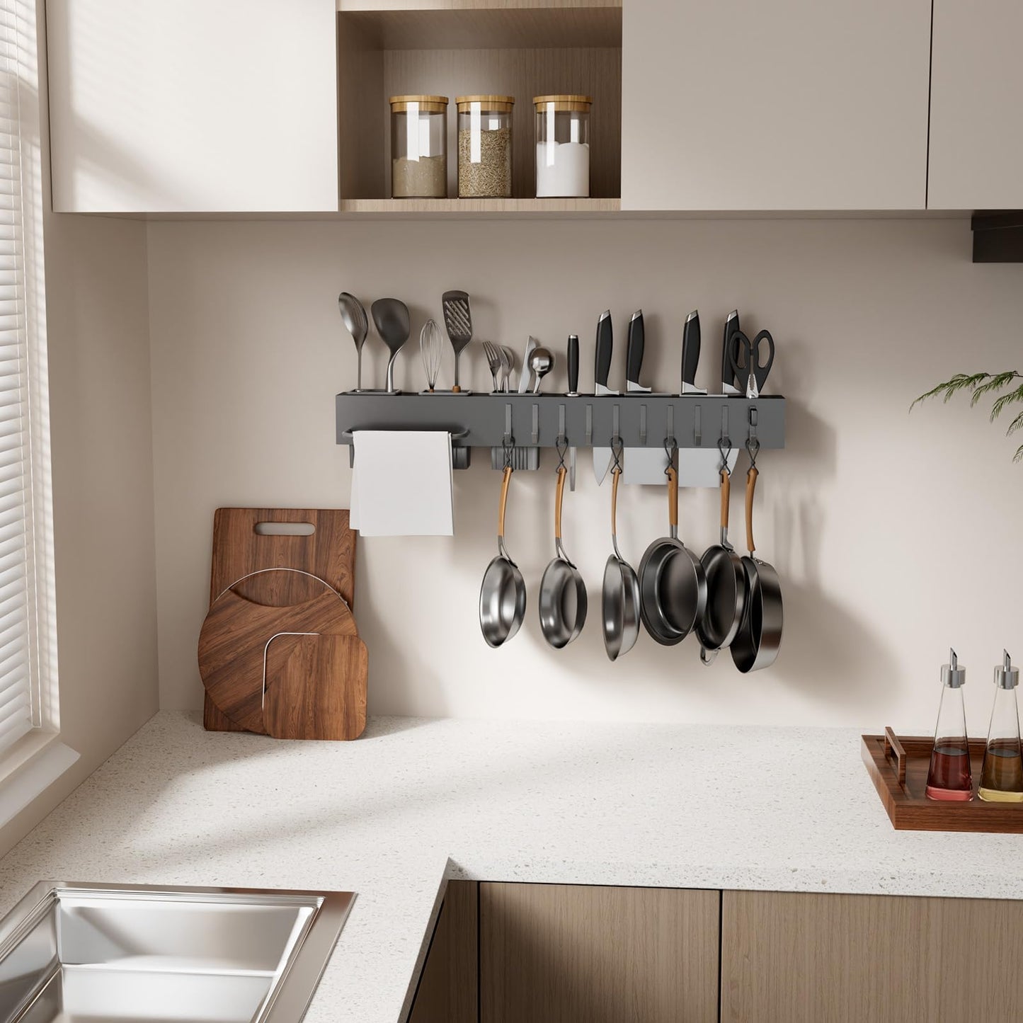 NAT MEYA Stainless Steel Pot and Pan Hanger,Wall Mounted Pot Rack Kitchen Hanging Rail With S Hooks,Detachable Pans Hanging Rail Kitchen Utensils Hanger,23.7 Inch Wall Mounted Hanging Pot Rack