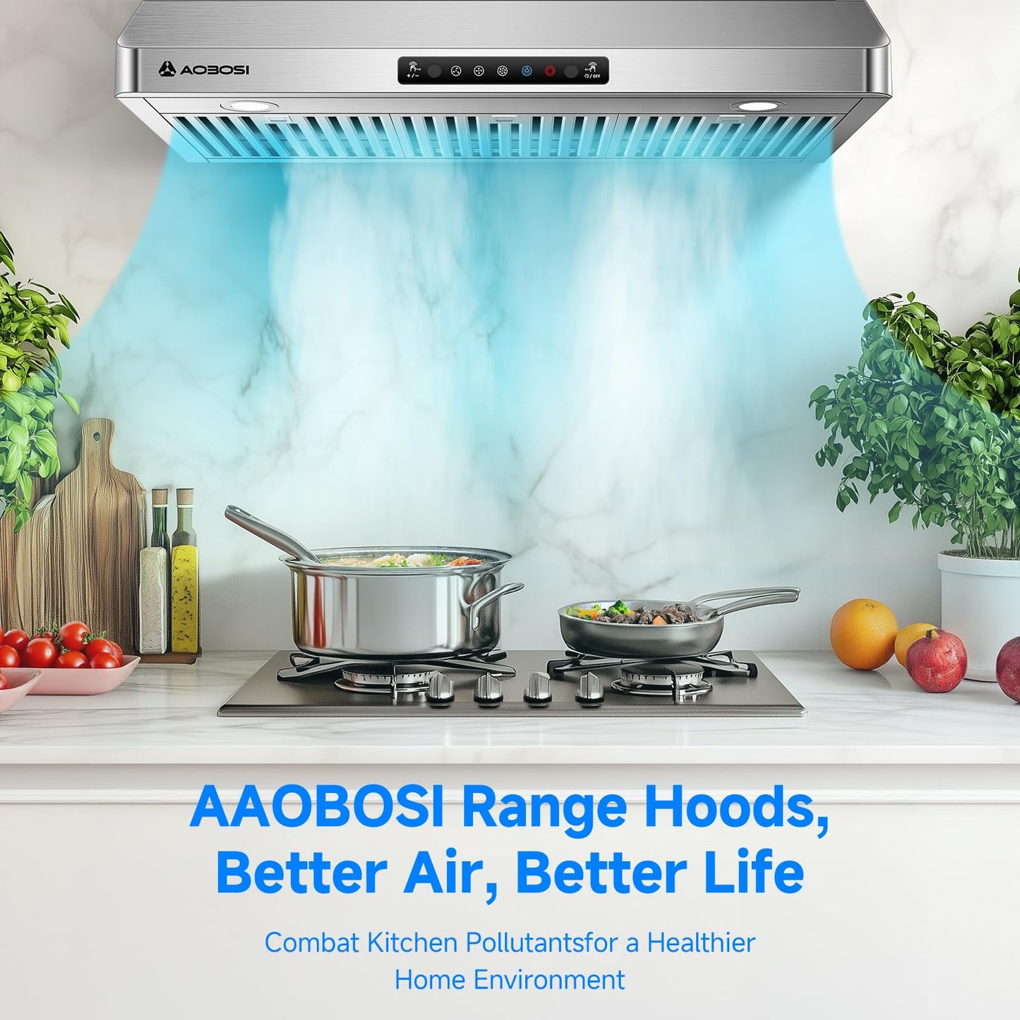 AAOBOSI 36 Inch Under Cabinet Range Hood, 800 CFM Stainless Steel Kitchen Vent Hood with Gesture Sensing, Touch Control, 3-Speed Exhaust Fan, LED Lights, Ducted Range Hood