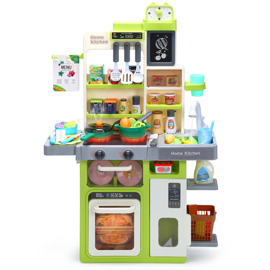 HOLYFUN Kids Kitchen Playset, Pretend Play Kitchen with Sounds and Lights, Cooking Stove Steam,Play Sink and Play Food,Toy Kitchen Set for Kids Toddlers, Green