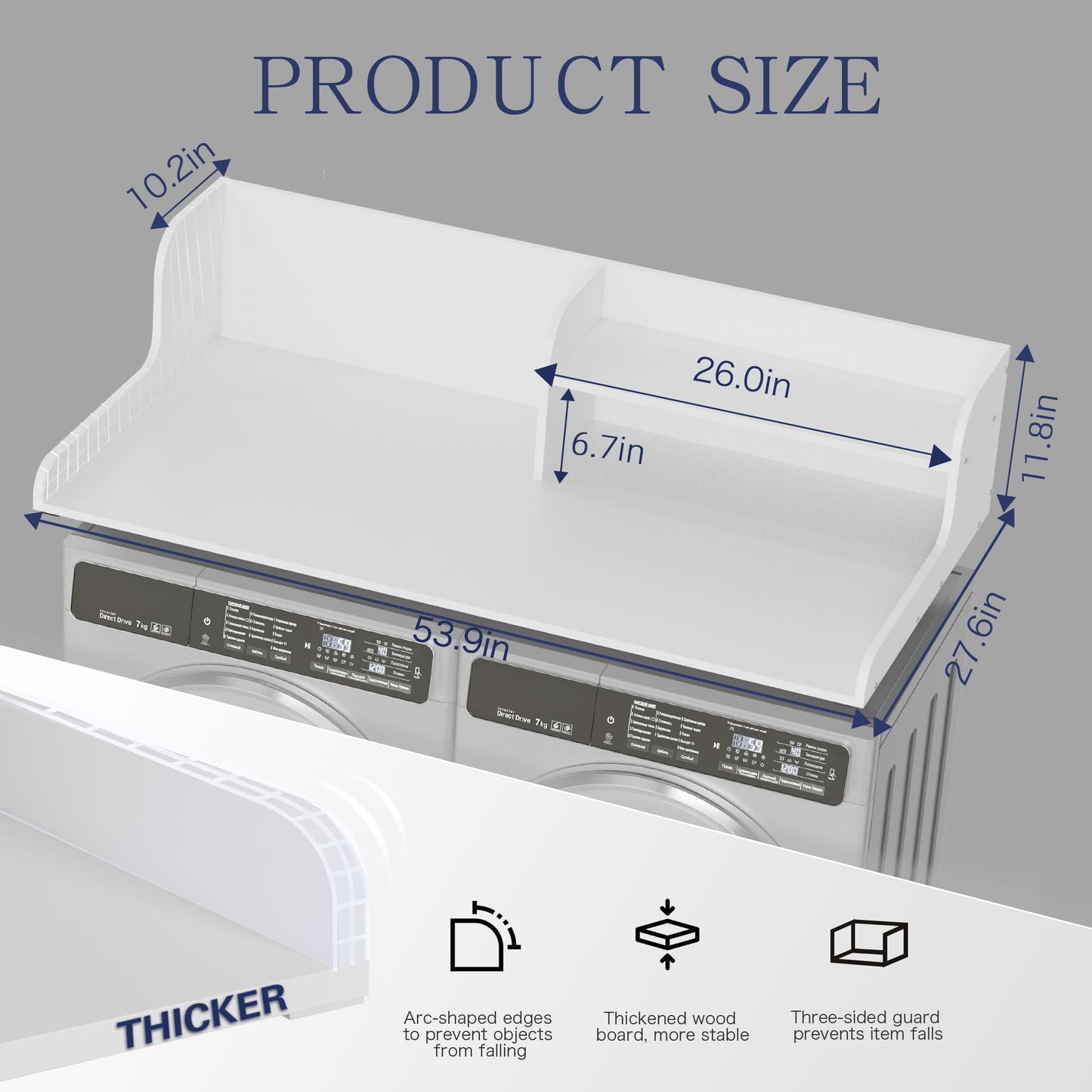 DTK Washer Dryer Wood Countertop with Shelf, Laundry Topper with Non-Slip Mat,27.55" Depth x 54" Width Dryer Covers for The Top with Edge Rails (White)