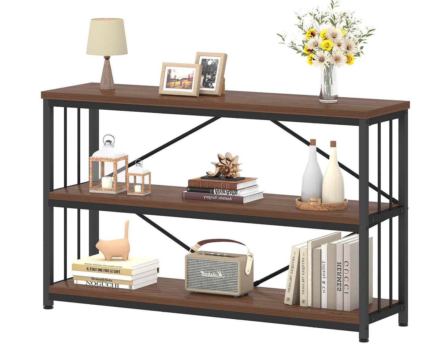 IBF 3-tier Industrial Bookshelf, Wood and Metal Horizontal Shelves Rustic Low Wide Bookcase with Large Open Storage, Farmhouse Simple Display Shelf for Home Office Living Room Kitchen, Walnut, 47 Inch