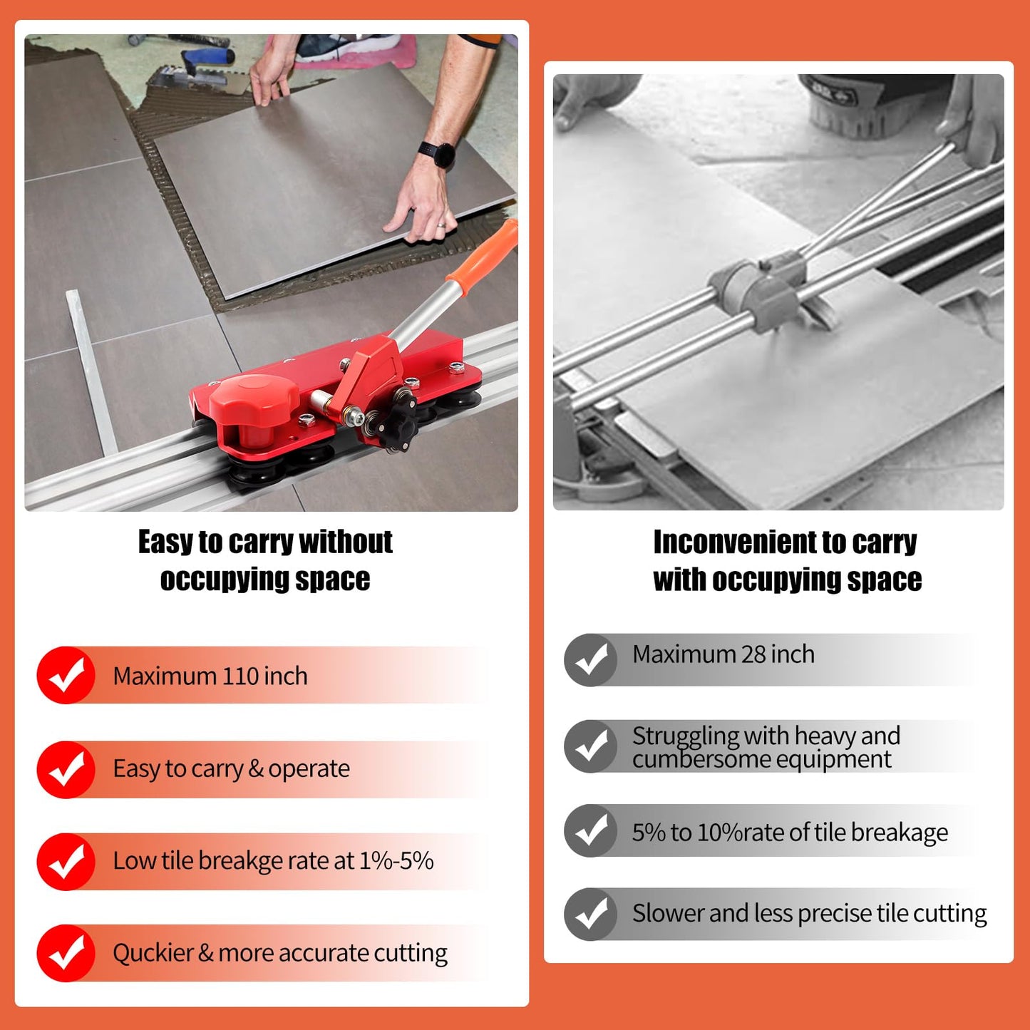 110" Large FormatTile Cutter, Manual Ceramic Tile Cutting Tool with Built-in Suction Cups & Tile Clamp, 3-Head Scoring Wheel System, for Up to 0.47-Inch Thick Tiles