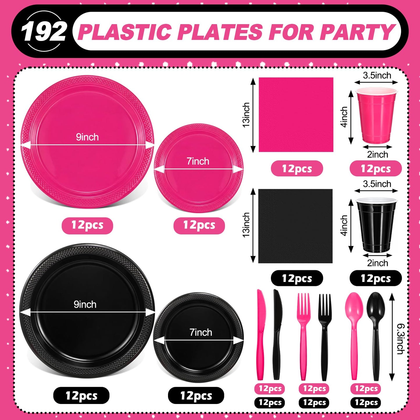 Uiifan 194 Pcs Plastic Plates Party Set Disposable Tableware Set for 24 Guests with Plastic Plates Spoons Forks Knives Cups tablecloth Napkins for Graduation Birthday Wedding Party(Hot Pink,Black)
