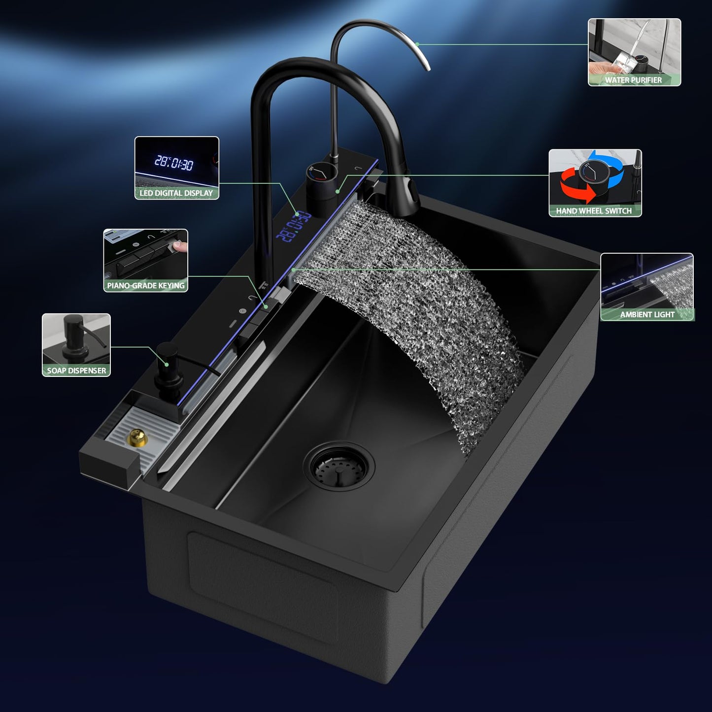 30 Inch Waterfall Kitchen Sink - Beslend 30x19 Drop In Waterfall Sink Nano Black Workstation Smart Sinks 16 Gauge Stainless Steel Single Bowl Black Basin with Faucet Combo